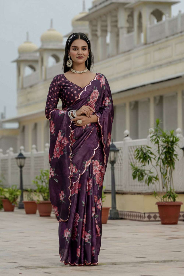 Purple Floral Printed Chinon Ready to Wear Saree