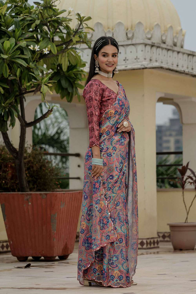 Multi Color Floral Printed Chinon Ready to Wear Saree