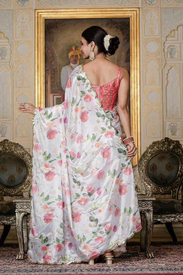 White Floral Printed Chinon Ready to Wear Saree