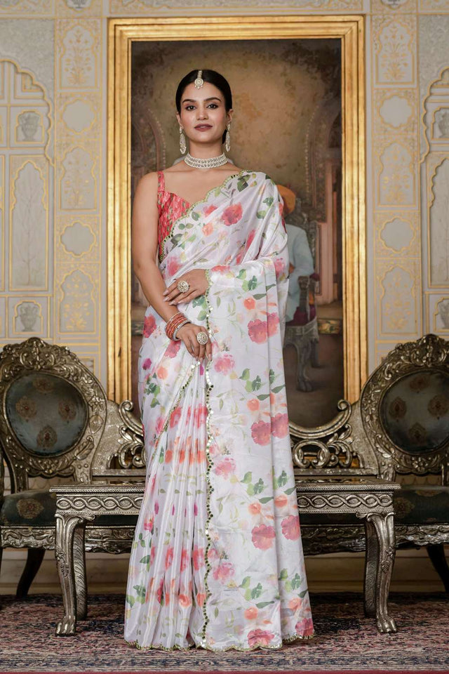White Floral Printed Chinon Ready to Wear Saree