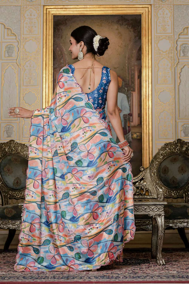 Multi Color Floral Printed Chinon Ready to Wear Saree