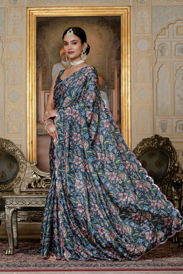 Green Floral Printed Chinon Ready to Wear Saree