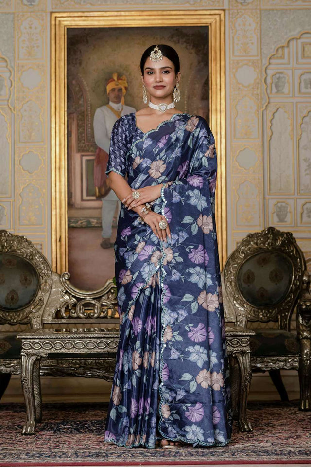 Lavender Floral Printed Chinon Ready to Wear Saree