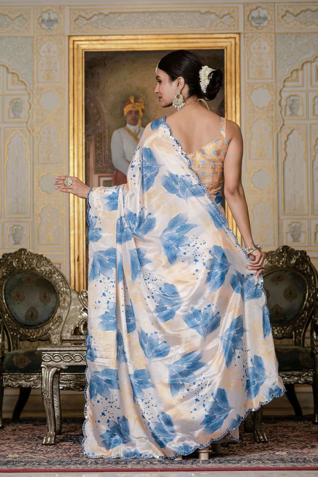 Off White Floral Printed Chinon Ready to Wear Saree