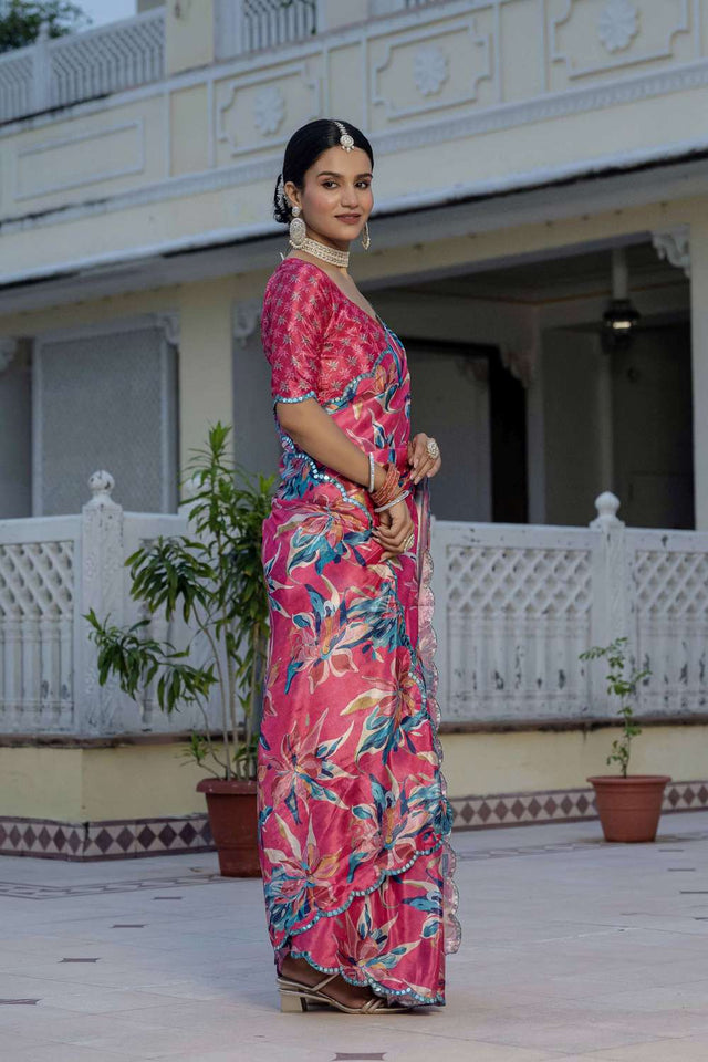 Pink Floral Printed Chinon Ready to Wear Saree
