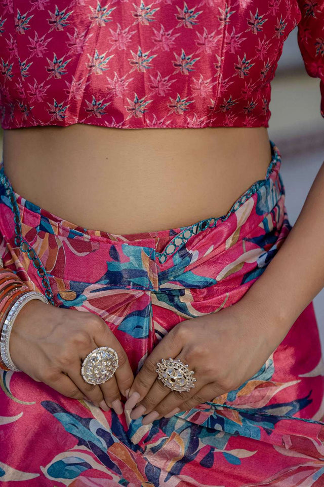 Pink Floral Printed Chinon Ready to Wear Saree