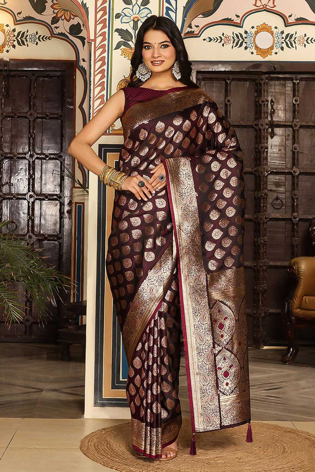 Maroon Woven Silk Blend Saree