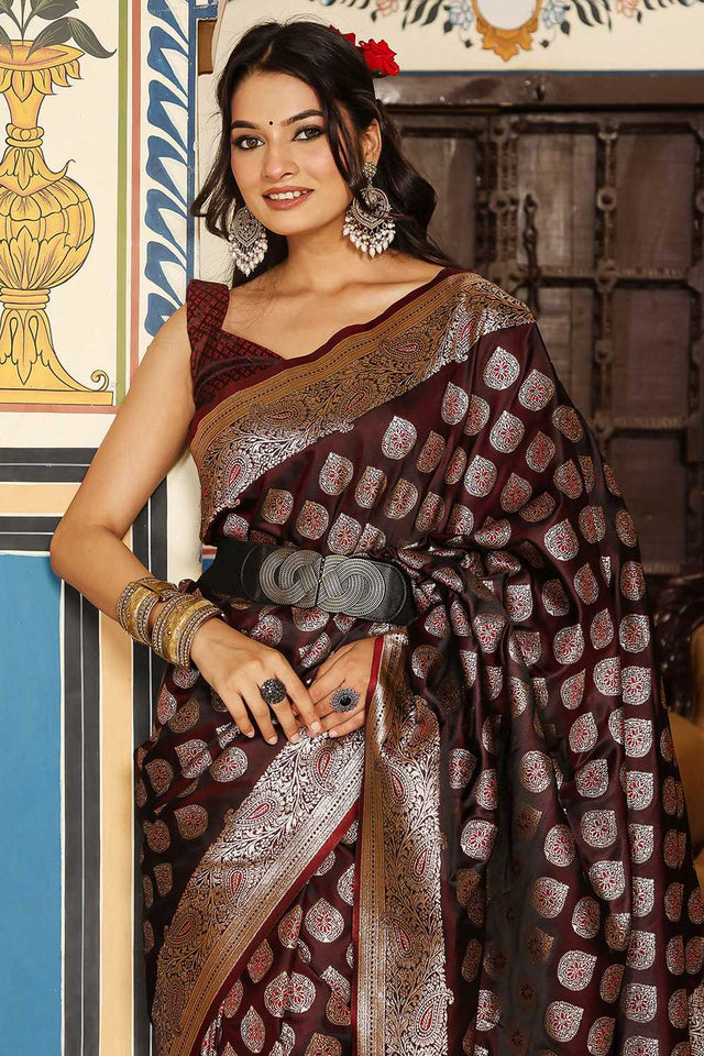 Wine Woven Silk Blend Saree