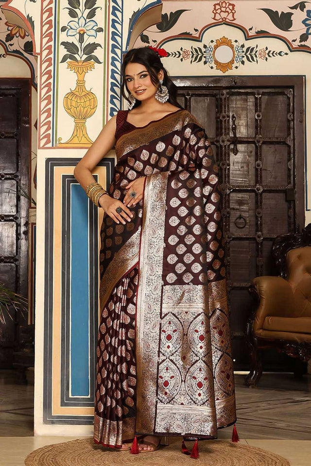Wine Woven Silk Blend Saree