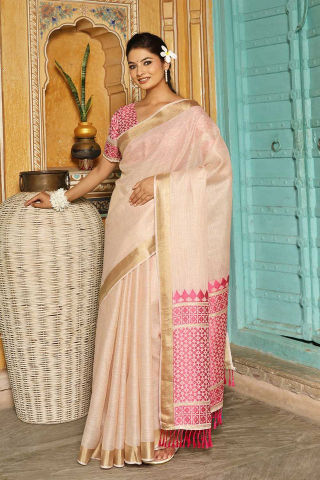Pink Woven Linen Saree