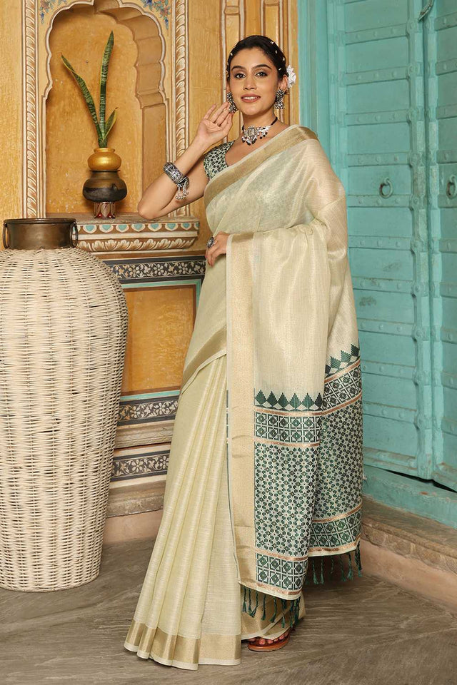 Green Woven Linen Saree
