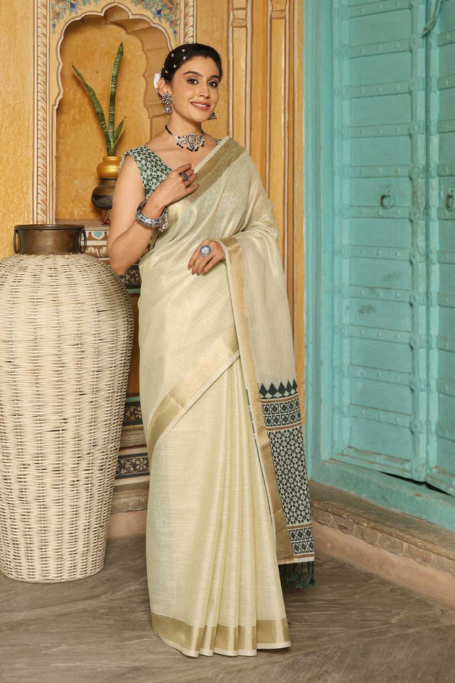Green Woven Linen Saree
