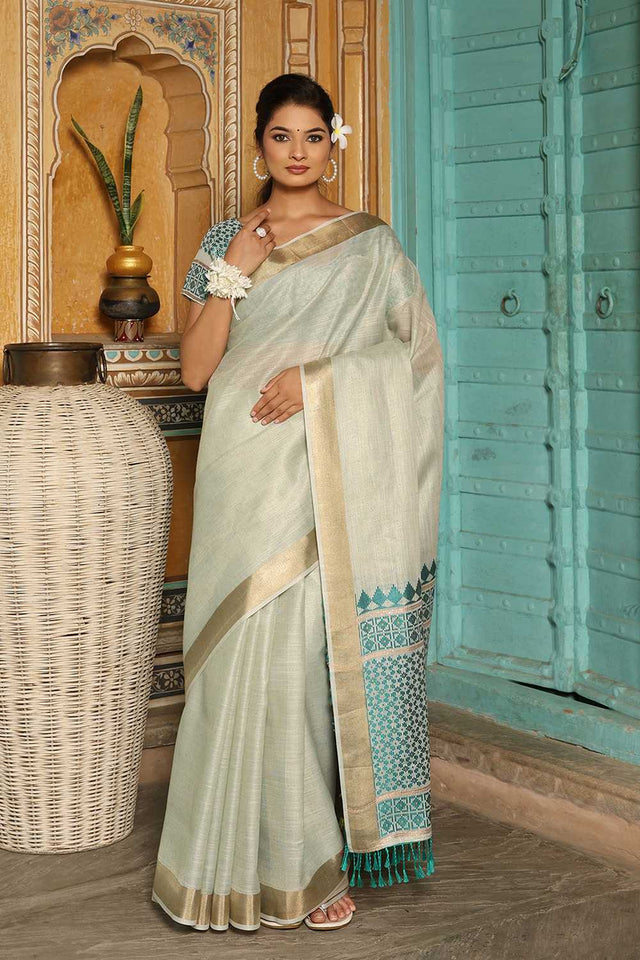 Turquoise Woven Linen Saree