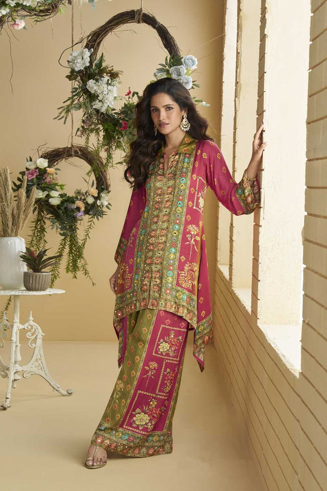 Pink Sequin with Printed Crepe Co-Ord Set