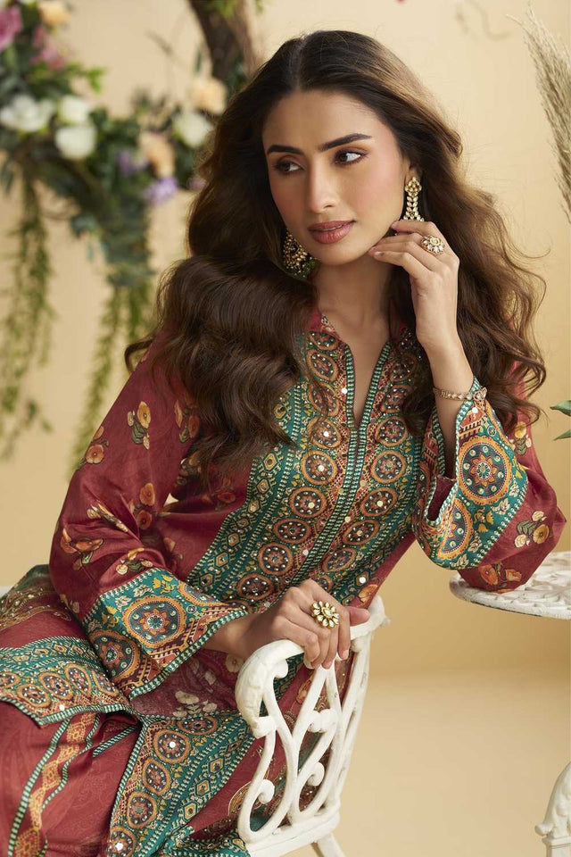 Maroon Sequin with Printed Crepe Co-Ord Set