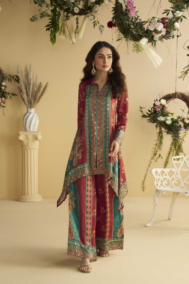 Maroon Sequin with Printed Crepe Co-Ord Set