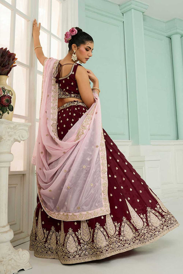 Maroon Floral Embroidered Organza Lehenga