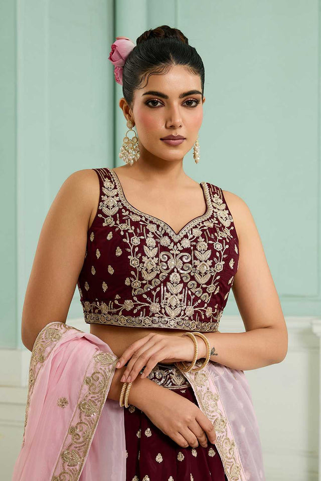 Maroon Floral Embroidered Organza Lehenga