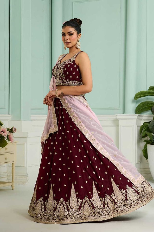Maroon Floral Embroidered Organza Lehenga
