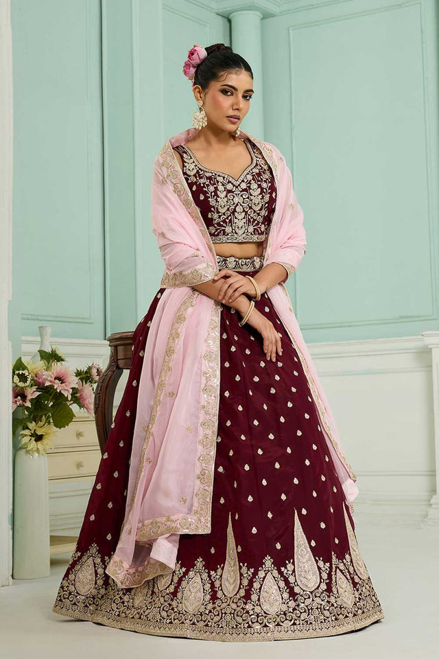 Maroon Floral Embroidered Organza Lehenga