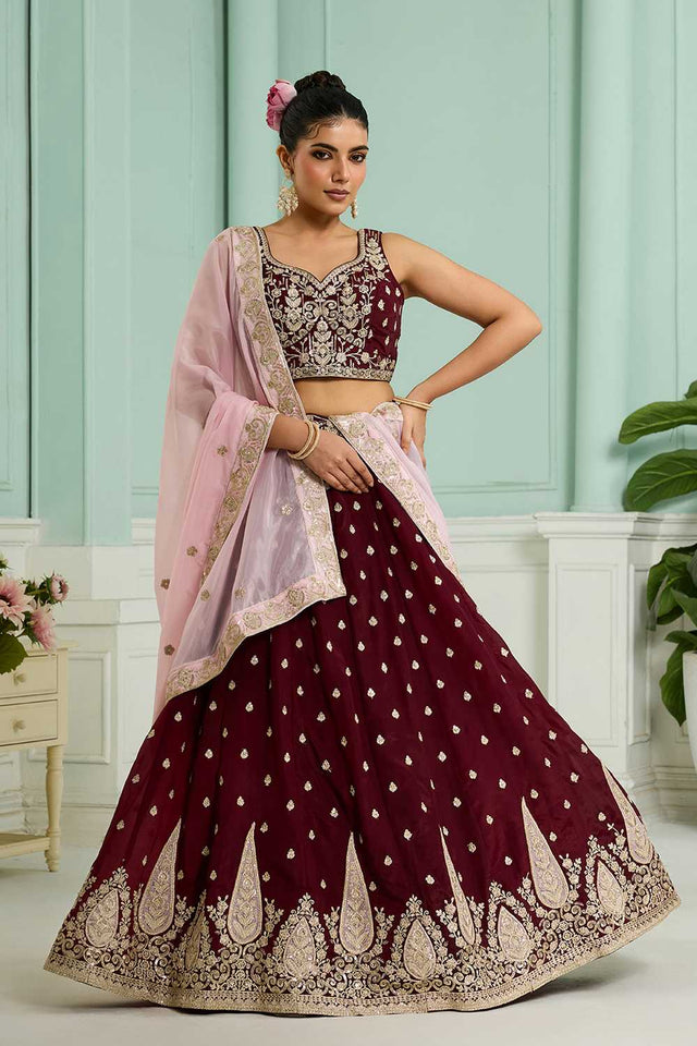 Maroon Floral Embroidered Organza Lehenga
