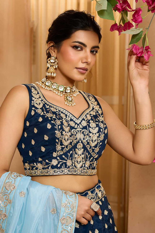 Blue Floral Embroidered Organza Lehenga