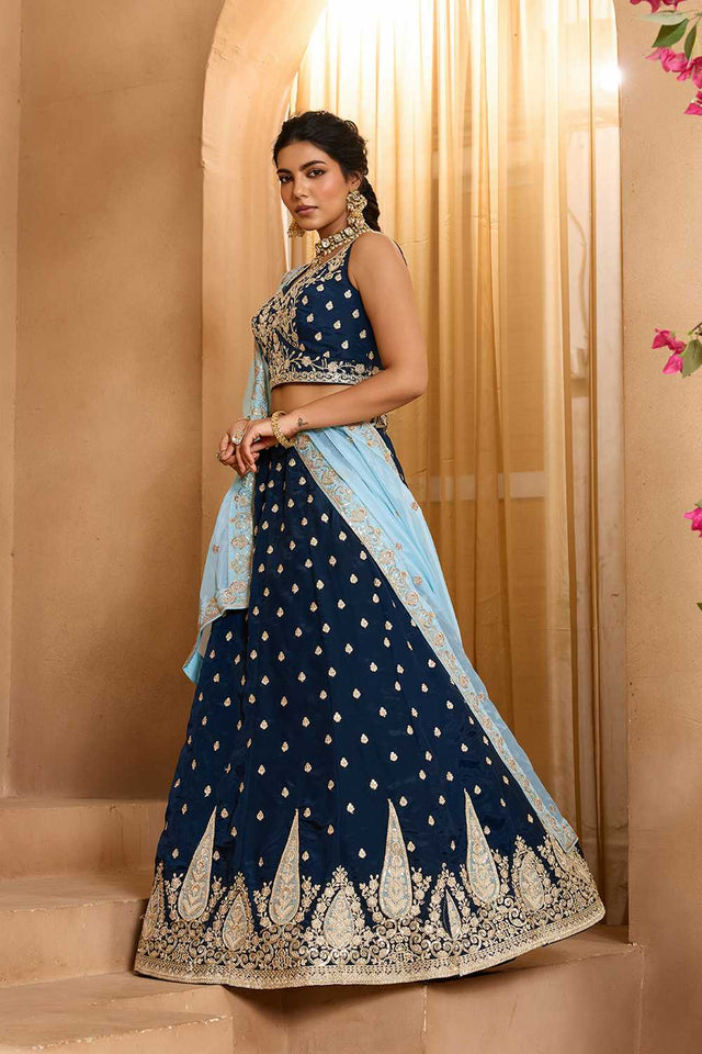 Blue Floral Embroidered Organza Lehenga