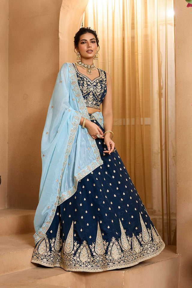 Blue Floral Embroidered Organza Lehenga