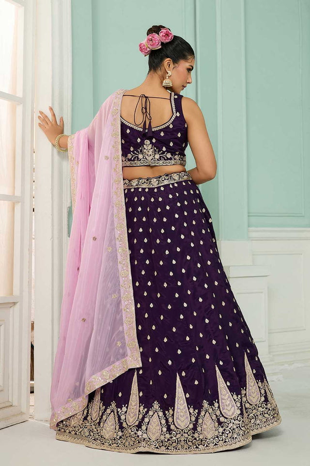 Purple Floral Embroidered Organza Lehenga