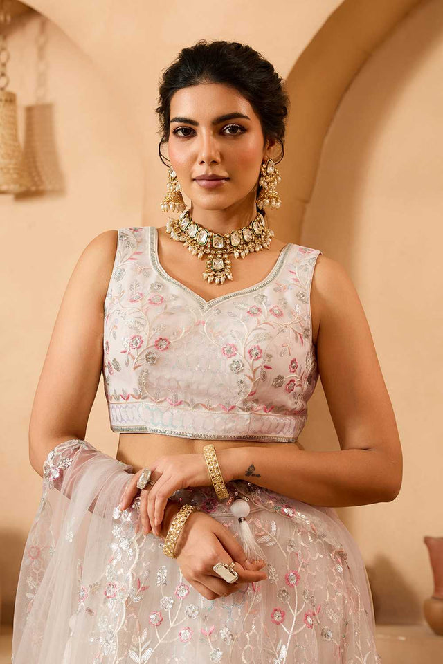 Cream Floral Embroidered Net Lehenga
