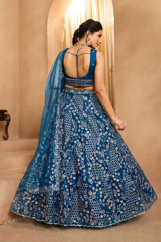 Navy-Blue Floral Embroidered Net Lehenga