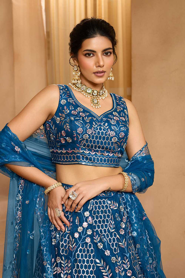 Navy-Blue Floral Embroidered Net Lehenga