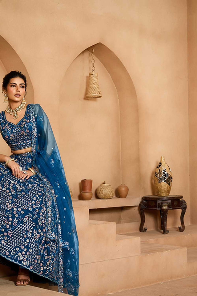 Navy-Blue Floral Embroidered Net Lehenga
