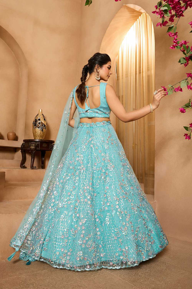 Sea-Green Floral Embroidered Net Lehenga