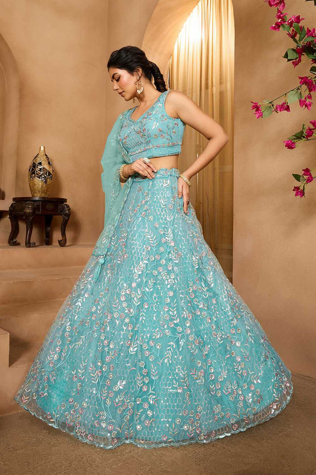 Sea-Green Floral Embroidered Net Lehenga