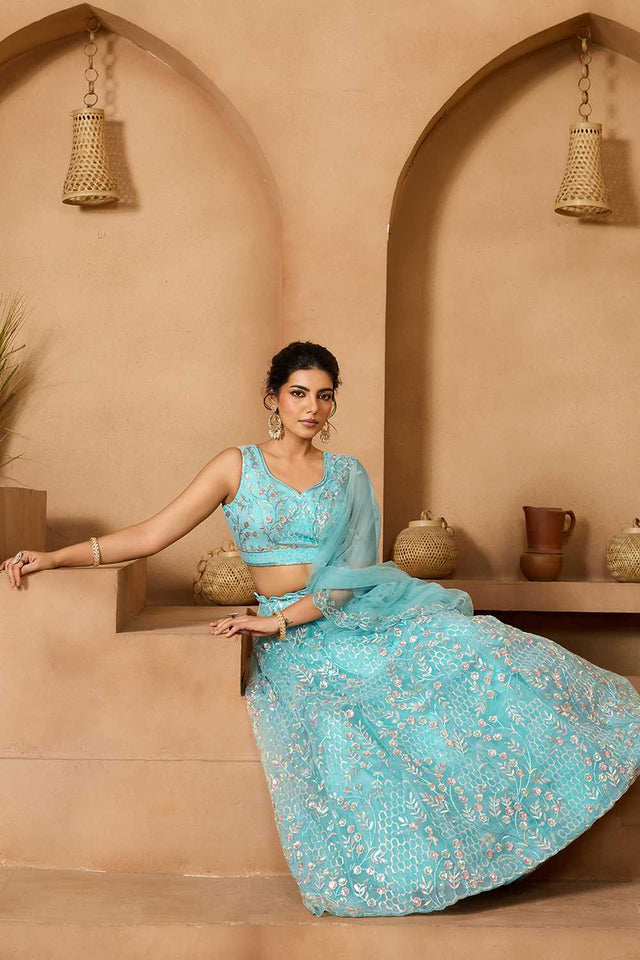 Sea-Green Floral Embroidered Net Lehenga