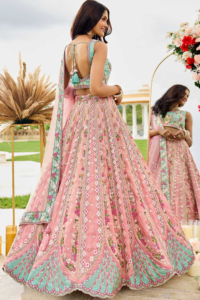 Pink Floral Embroidered Tissue Lehenga