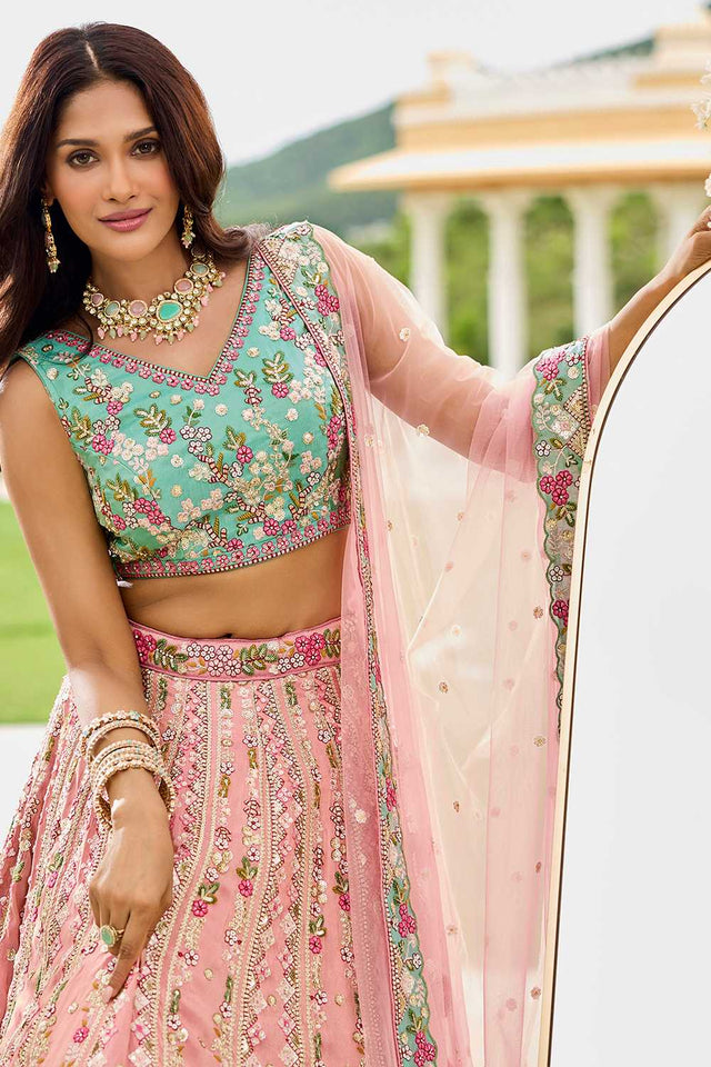 Pink Floral Embroidered Tissue Lehenga