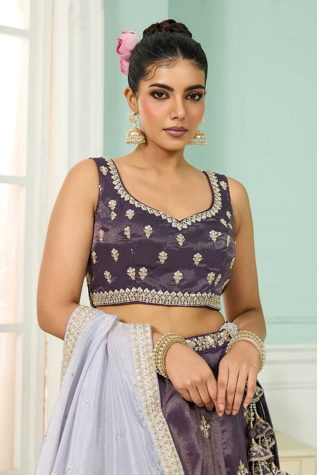 Purple Floral Embroidered Tissue Lehenga
