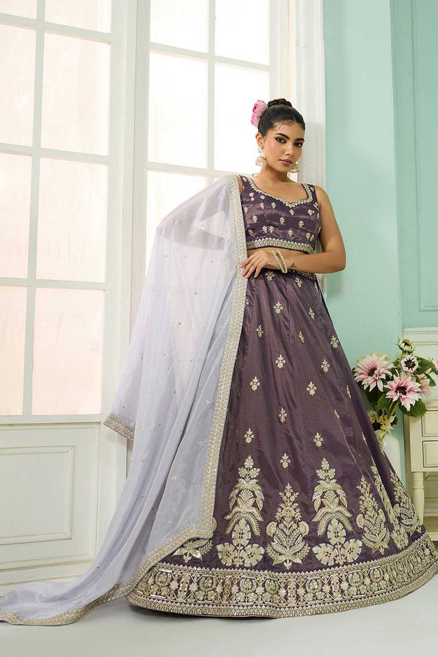 Purple Floral Embroidered Tissue Lehenga