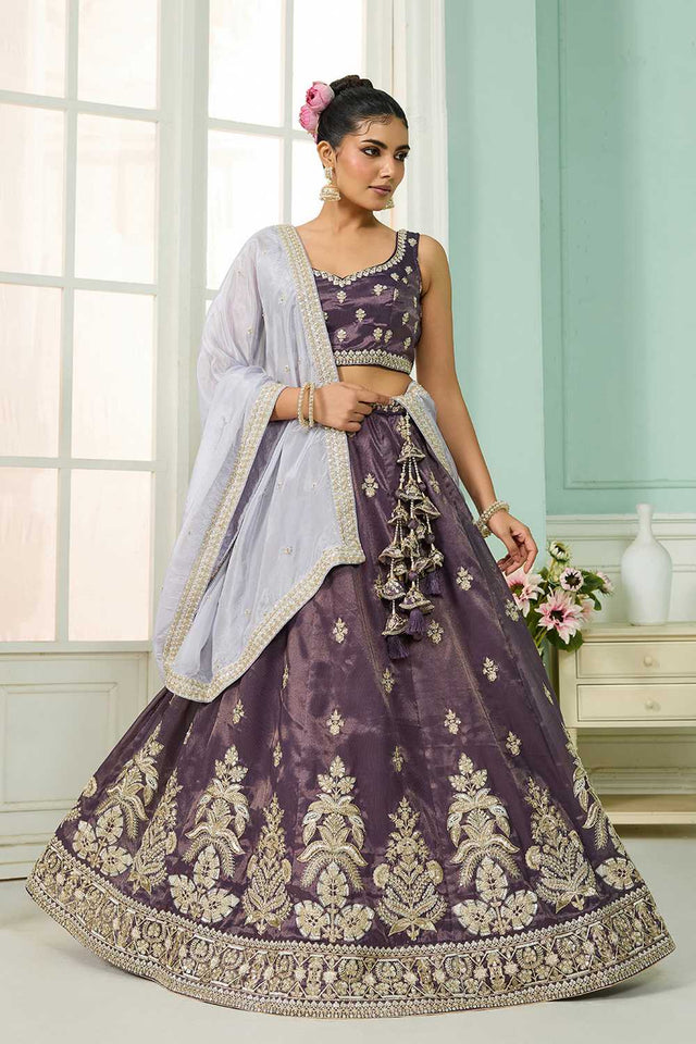 Purple Floral Embroidered Tissue Lehenga