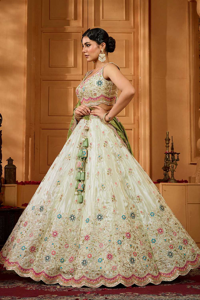 Green Floral Embroidered Tissue Lehenga