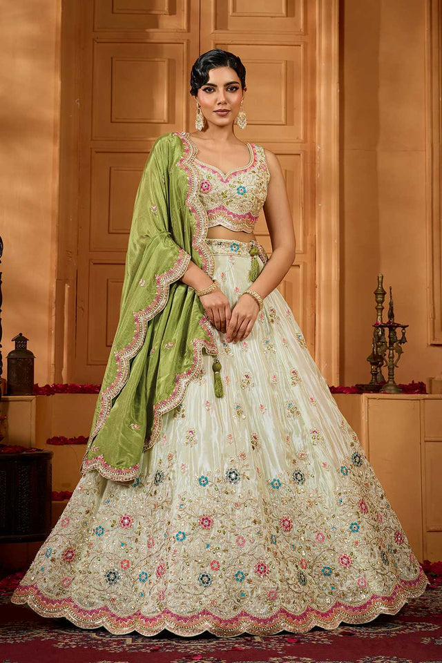 Green Floral Embroidered Tissue Lehenga