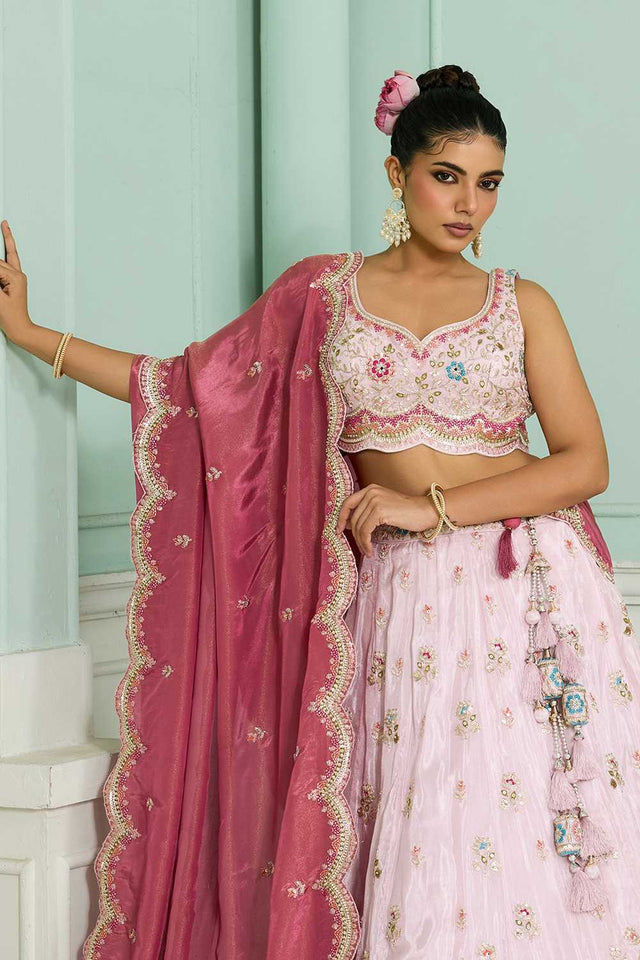 Pink Floral Embroidered Tissue Lehenga