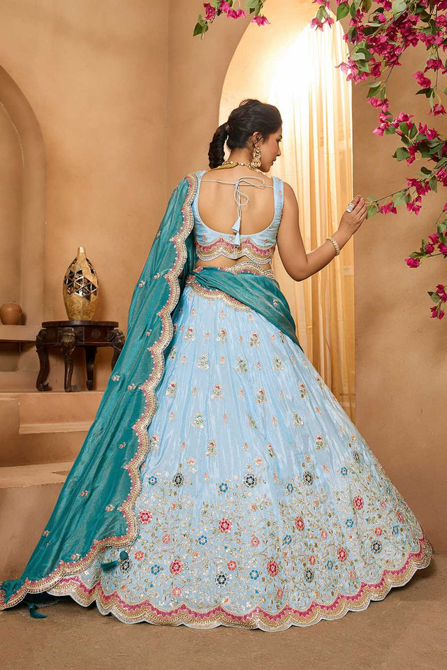 Sky Blue Floral Embroidered Tissue Lehenga