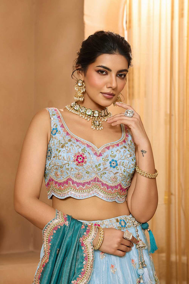 Sky Blue Floral Embroidered Tissue Lehenga
