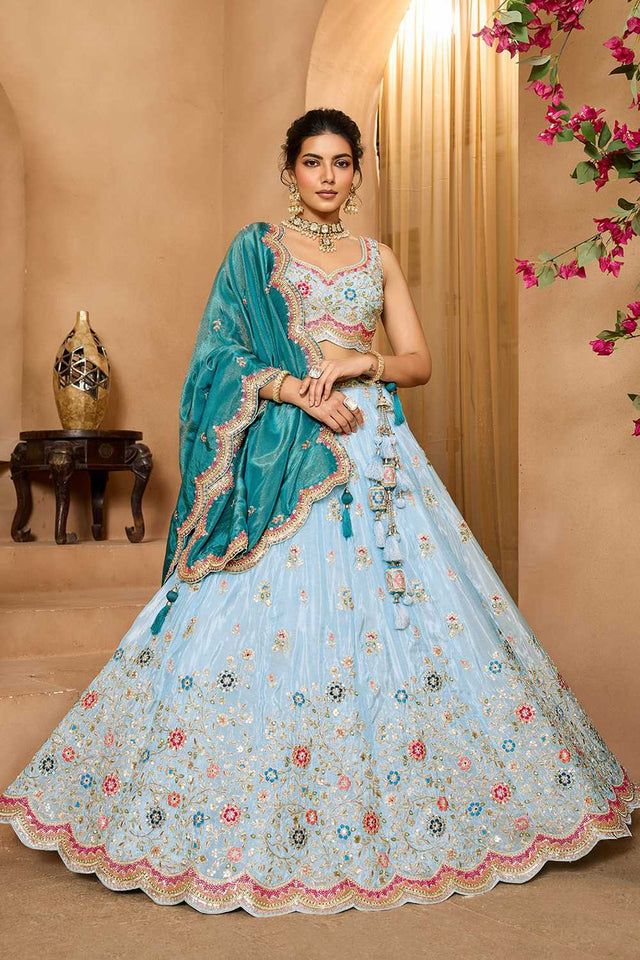 Sky Blue Floral Embroidered Tissue Lehenga