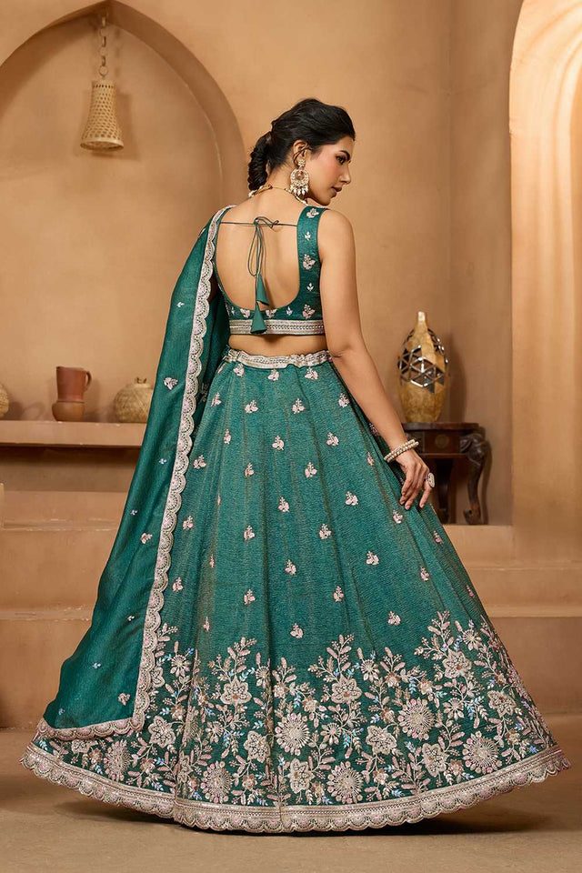 Green Floral Embroidered Tissue Lehenga