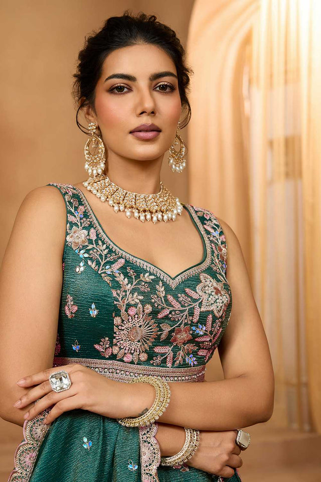 Green Floral Embroidered Tissue Lehenga