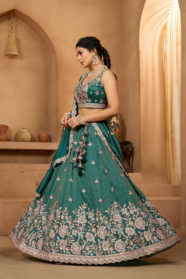 Green Floral Embroidered Tissue Lehenga